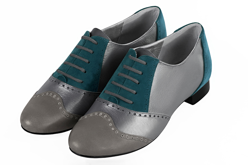 Ash grey and peacock blue women's fashion lace-up shoes. Round toe. Flat leather soles. Front view - Florence KOOIJMAN